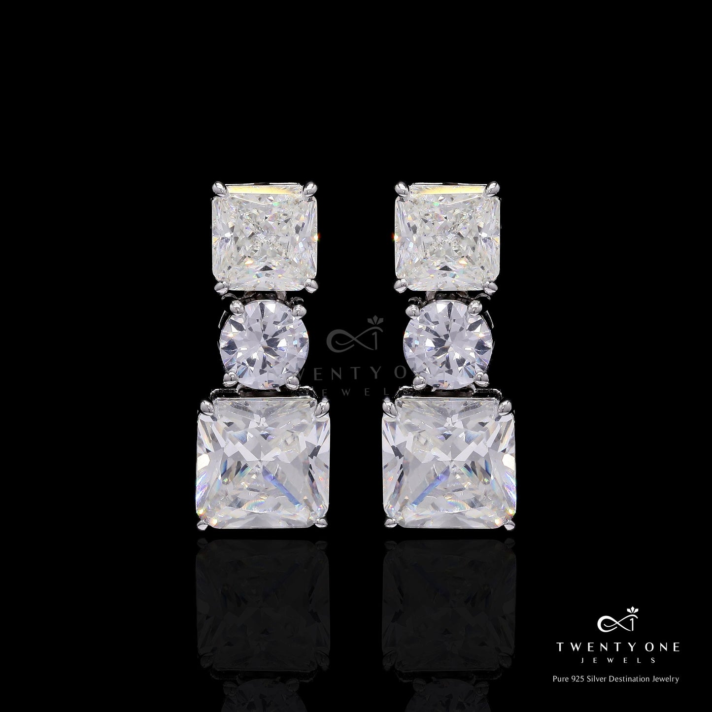 Premium 3 Layer Solitaire Danglers with Asher Cut and Round Cut Solitaire on Pure 925 Silver
