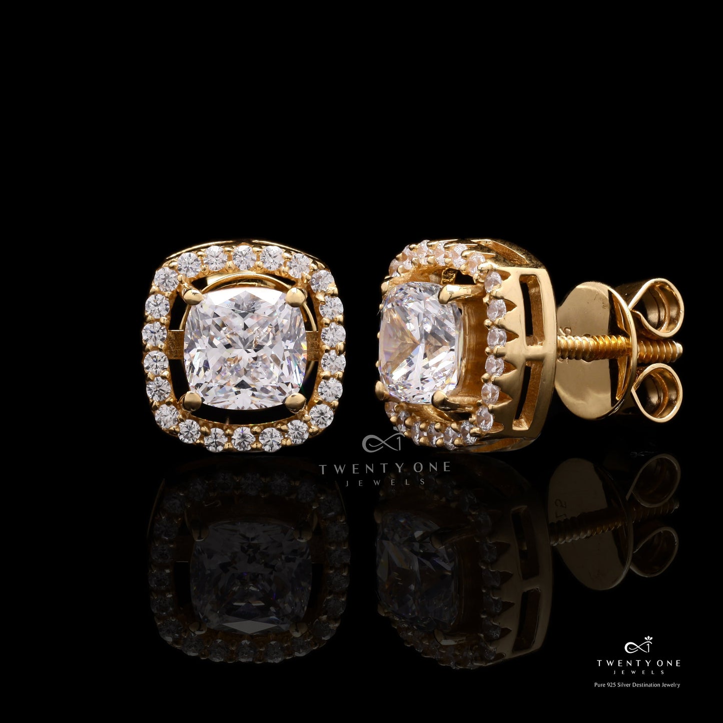 1.3 Carat Cushion Cut Katy Pure 925 Silver Solitaire Studs with Premium Screw Backs - 18k Gold Finish