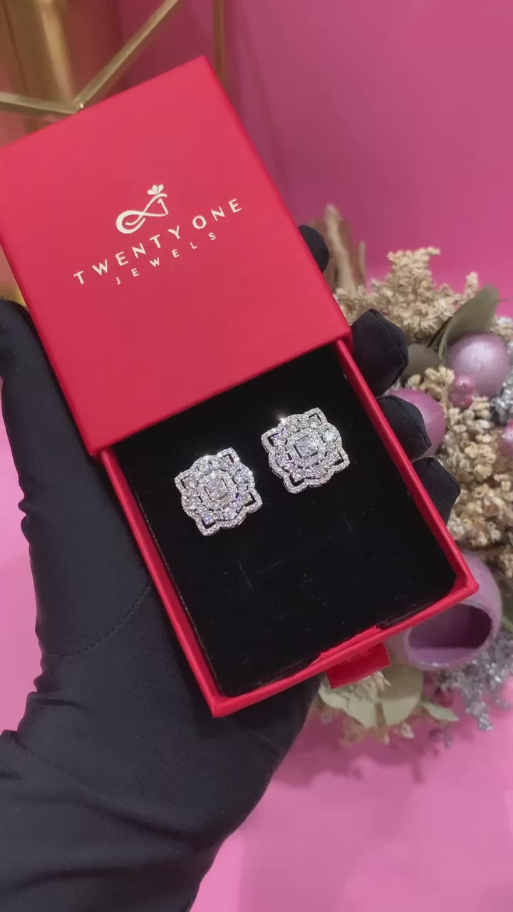 Load and play video in Gallery viewer, Ultra Premium American Diamond Ella Studs with Princess Cut Solitaire and Premium Screw Backs on Pure 925 Silver