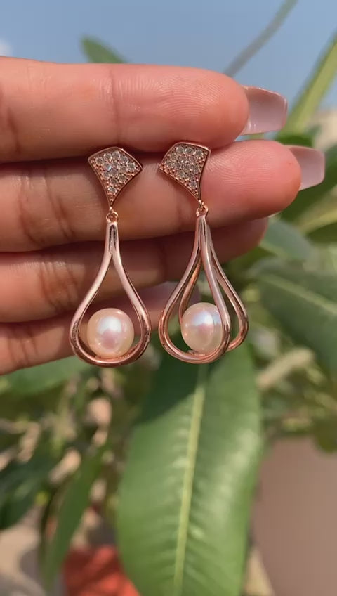 Rose Gold Finish Pearl Pavillion Danglers on Pure 925 Silver