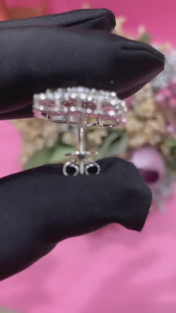 Load and play video in Gallery viewer, Ultra Premium American Diamond Ella Studs with Princess Cut Solitaire and Premium Screw Backs on Pure 925 Silver