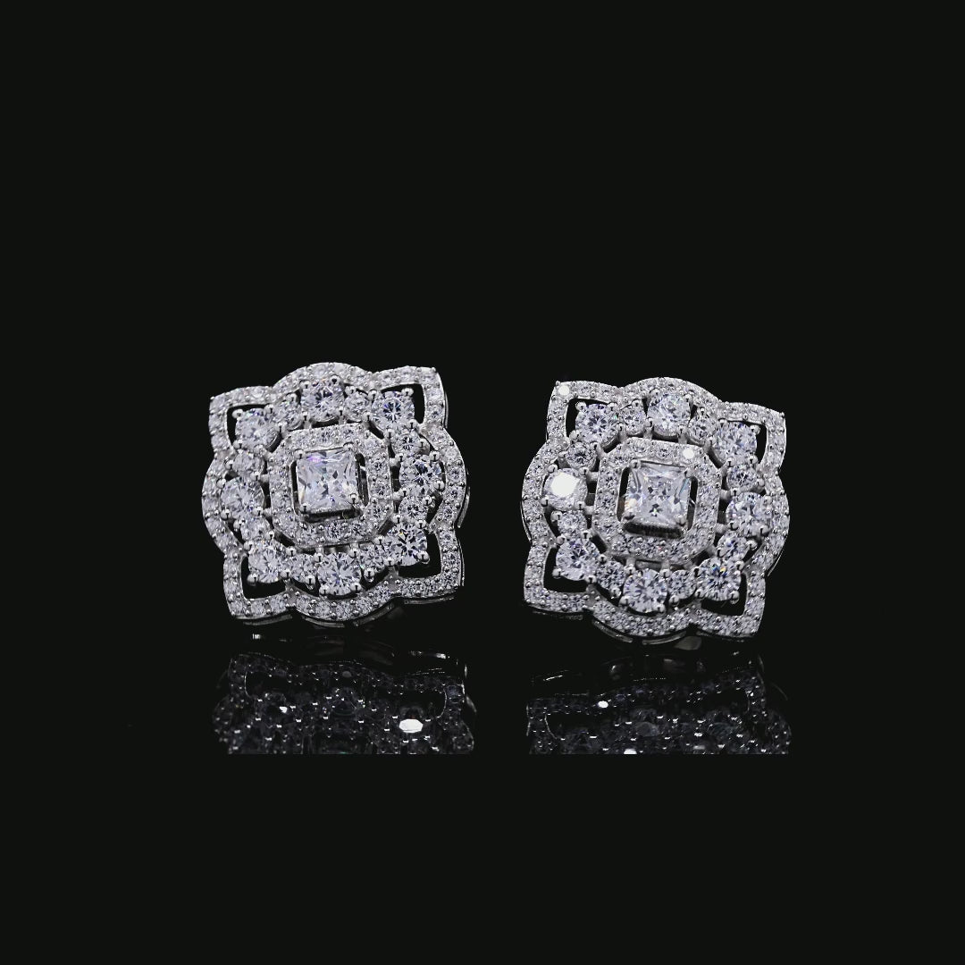 Load and play video in Gallery viewer, Ultra Premium American Diamond Ella Studs with Princess Cut Solitaire and Premium Screw Backs on Pure 925 Silver