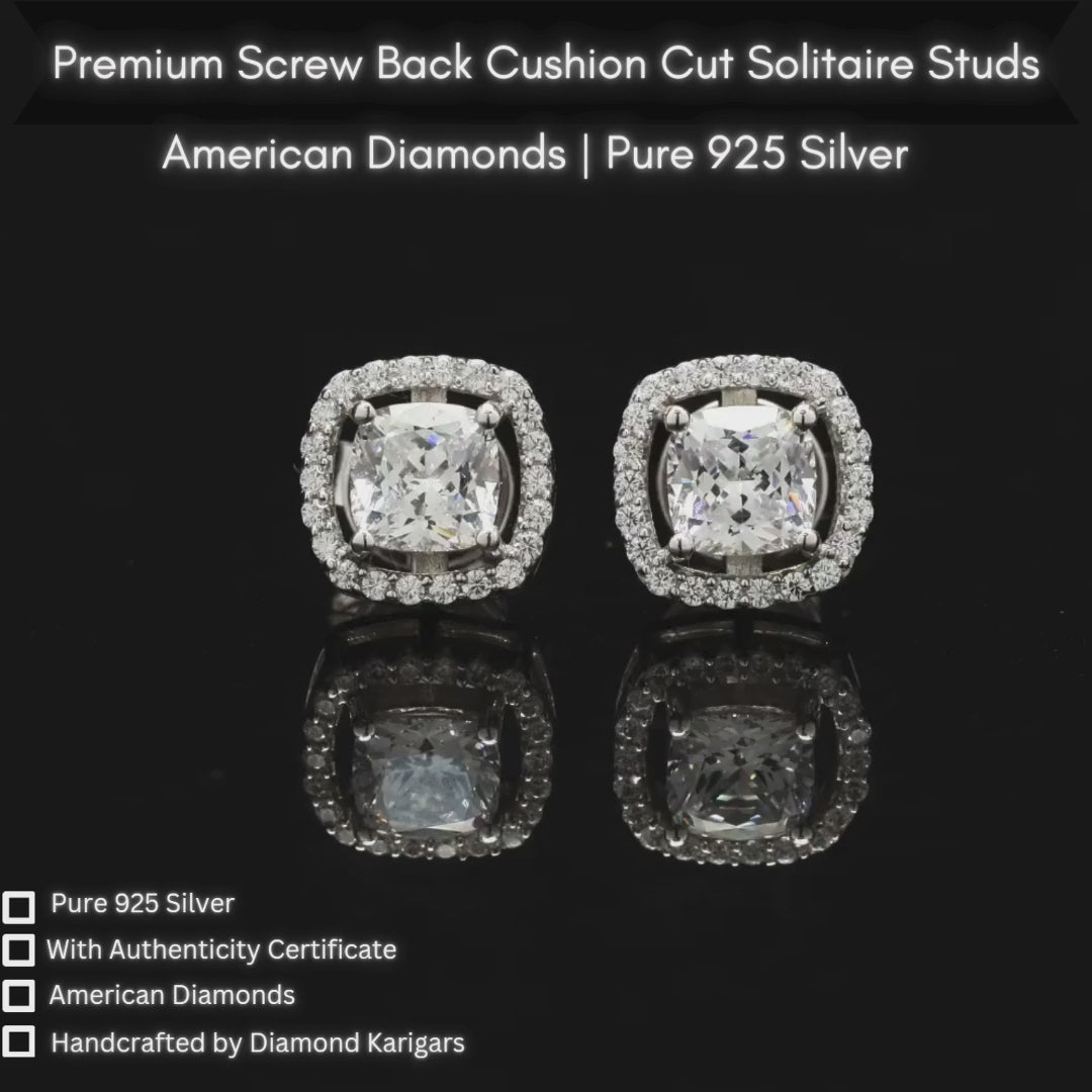 Load and play video in Gallery viewer, 1.3 Carat Cushion Cut Katy Pure 925 Silver Solitaire Studs with Premium Screw Backs - White Gold Finish
