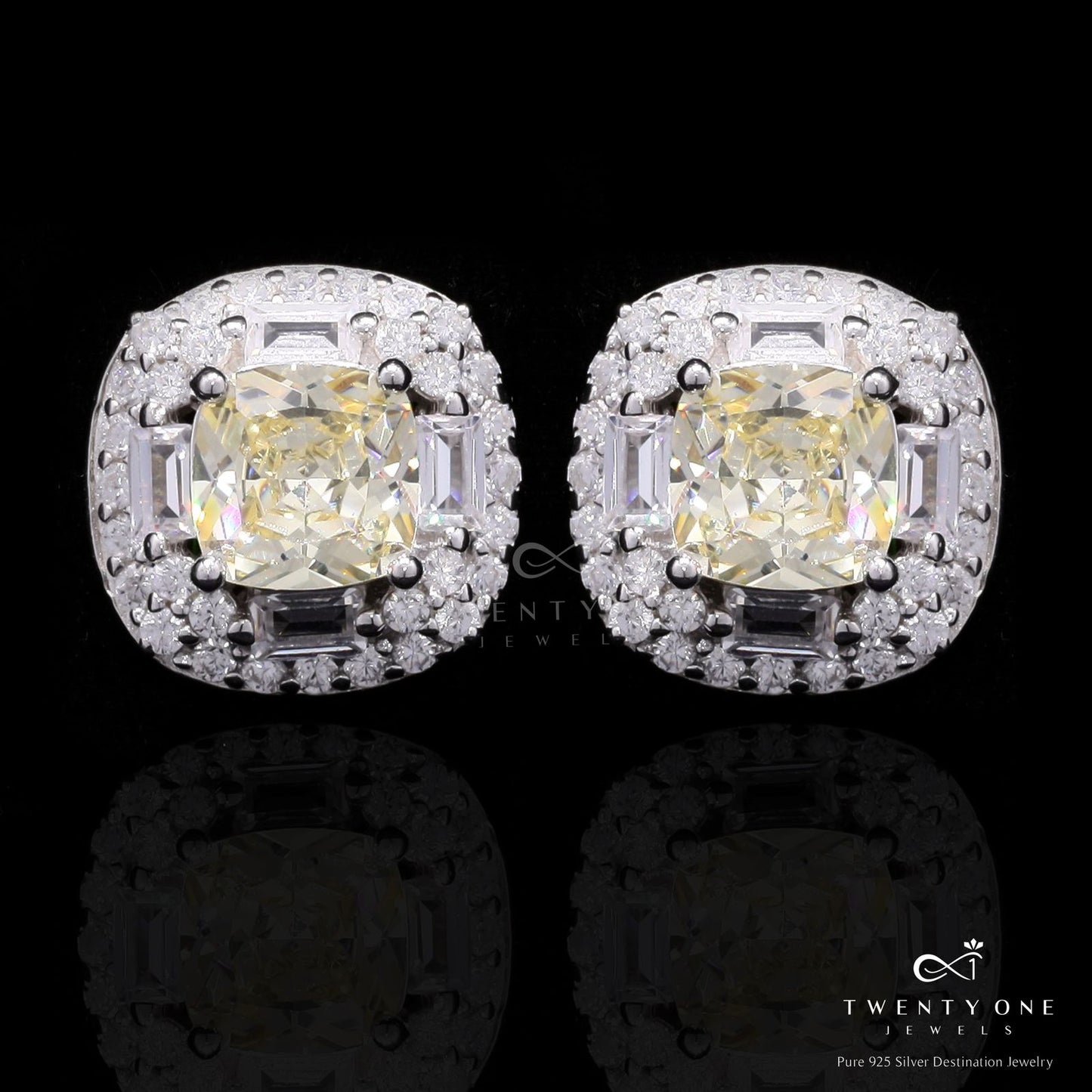Cushion Cut Yellow Diamond Vallery Studs on Pure 925 Silver