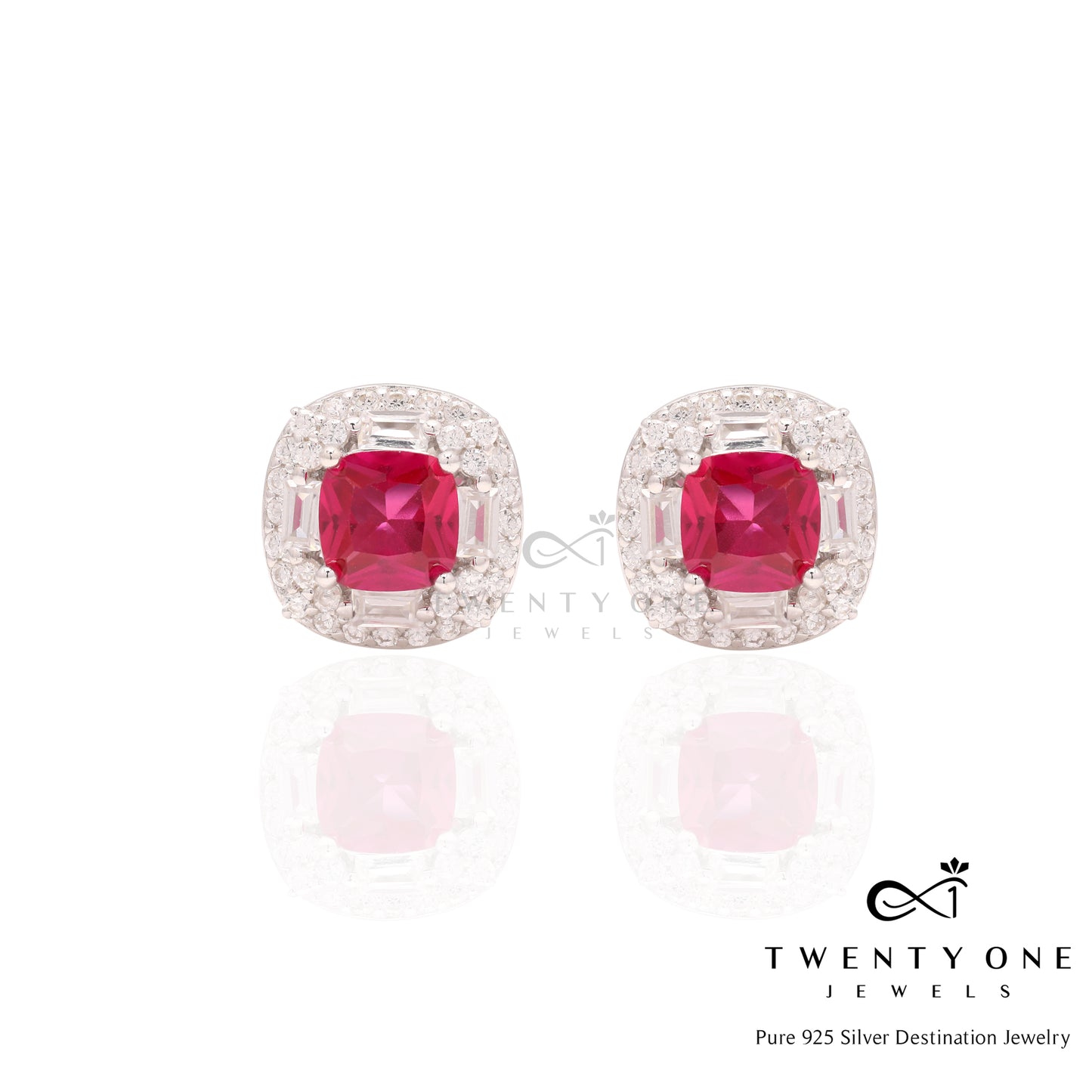 Cushion Cut Ruby Solitaire Vallery Studs on Pure 925 Silver