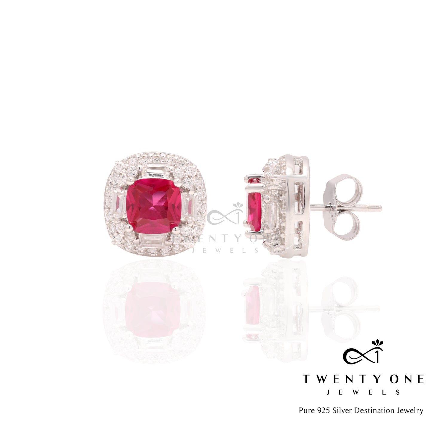 Cushion Cut Ruby Solitaire Vallery Studs on Pure 925 Silver