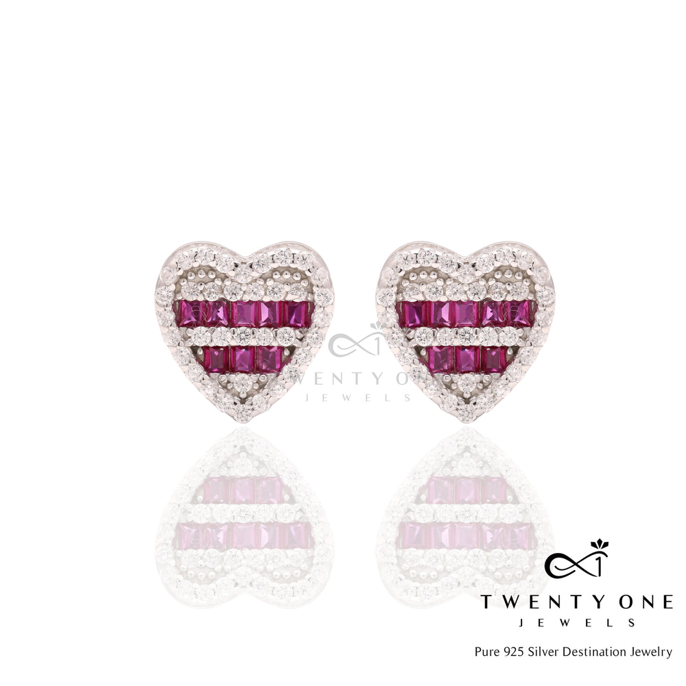 Diamond and Ruby Studded Heart Savoya Studs on Pure 925 Silver