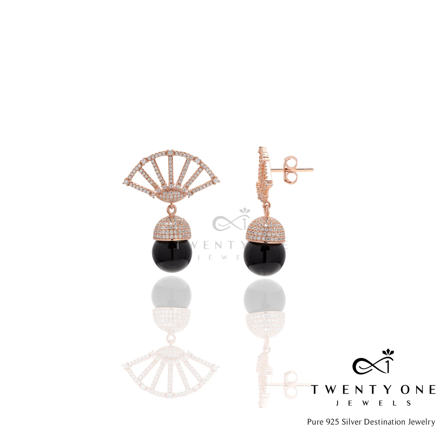Black Pearl Japanese Rose Gold Fan Earrings on Pure 925 Silver