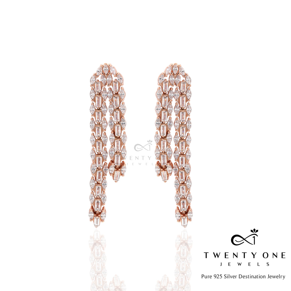 Rose Gold Finish 2 Line Elisa Danglers with American Diamonds on Pure 925 Silver