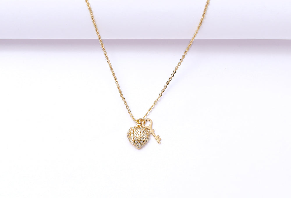 Key and Heart  Pendant with Chain in Gold finish