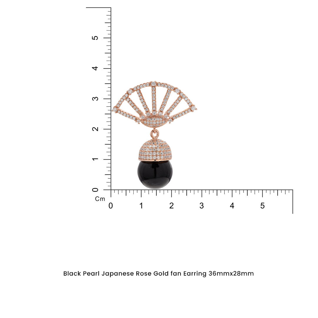 Black Pearl Japanese Rose Gold Fan Earrings on Pure 925 Silver