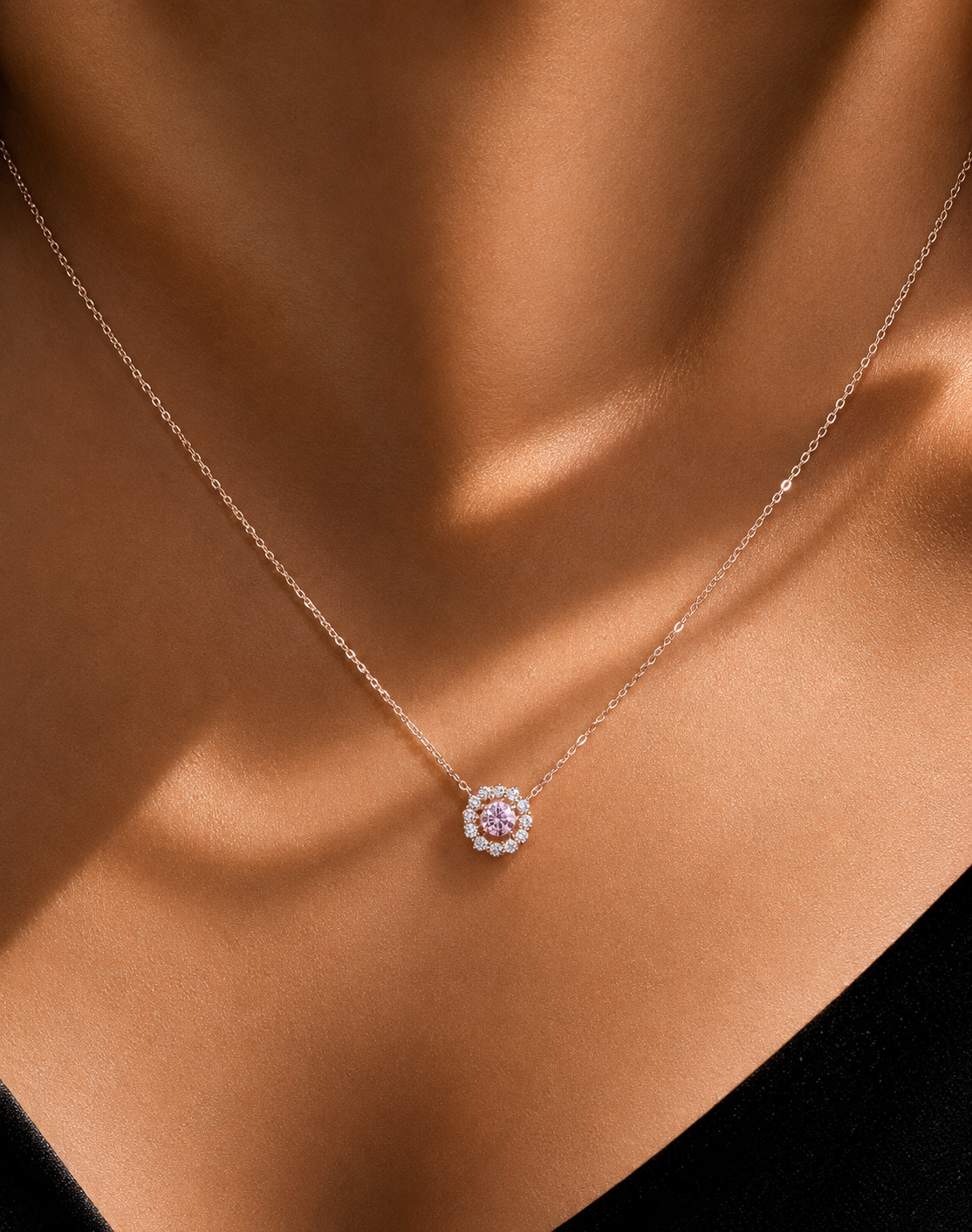 Rose Gold Finish Pink Solitaire Dancing Diamond Pendant with Chain On Pure 925 Silver