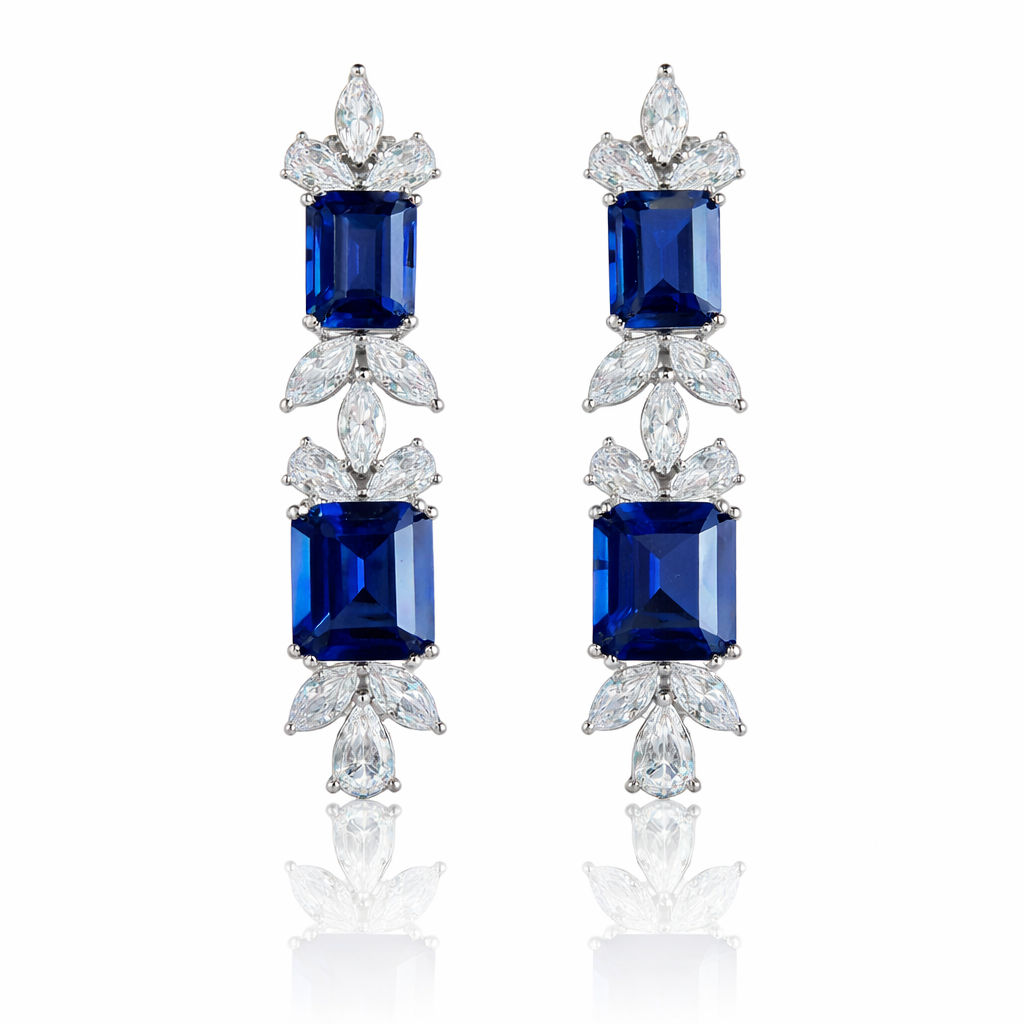Ultra Premium Blue Sapphire Dangler Earrings with Marquise and Drop Solitaires on Pure 925 Silver