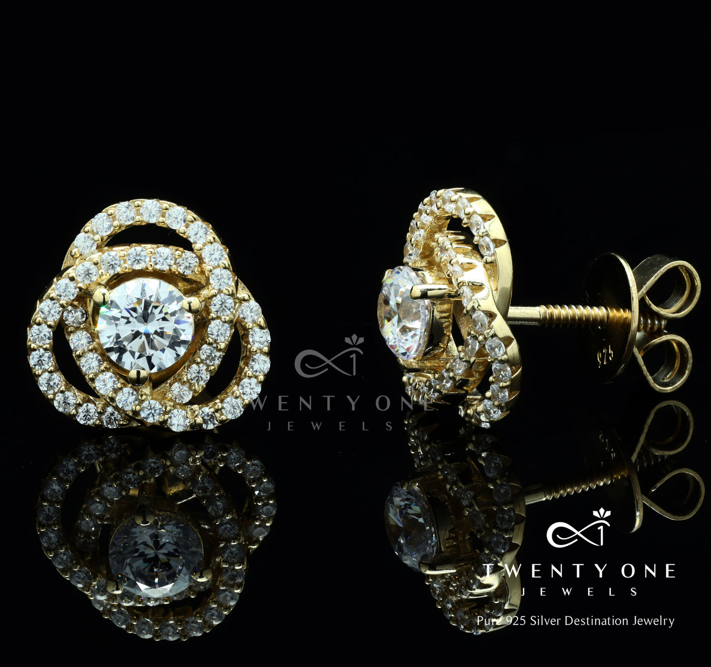 Intertwined Cluster Fauzia Solitaire Studs with Premium Screw Backs-18k Gold Finish