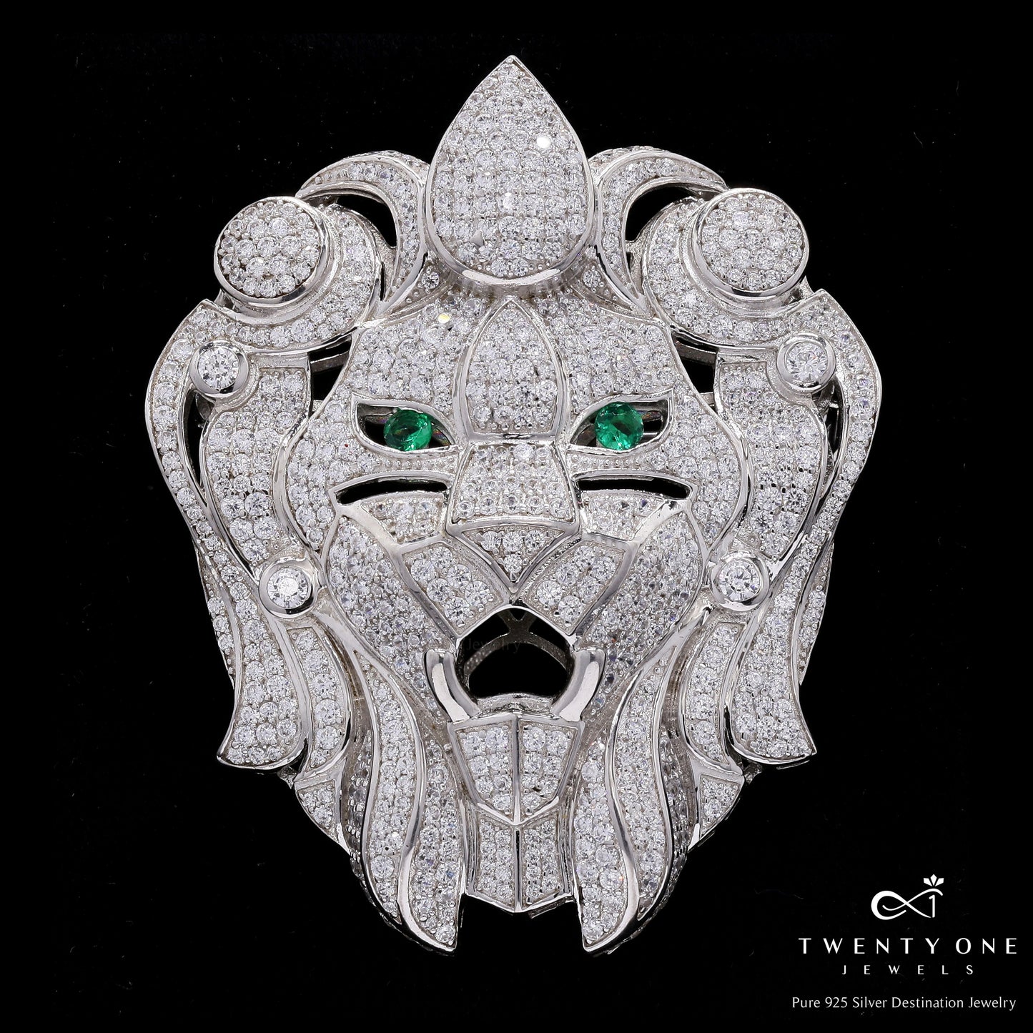 Luxury Brand Inspired Ultra Premium Handcrafted Micro Setting Lion Face Brooch with Green Emerald and Black Onyx Face Detailing on Pure 925 Silver
