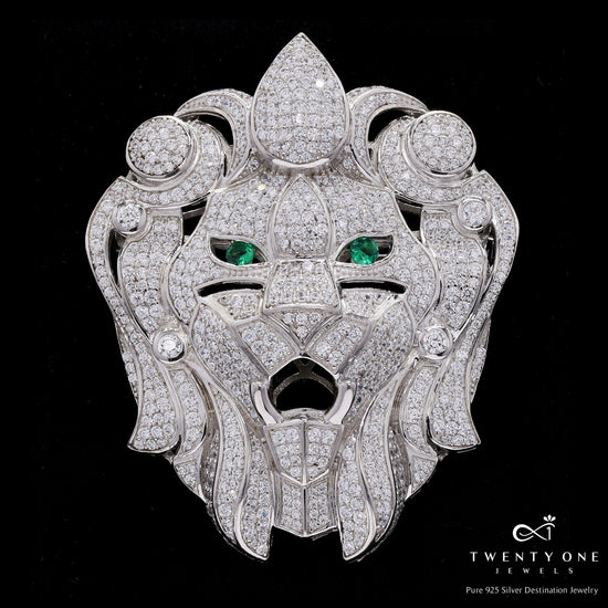 Luxury Brand Inspired Ultra Premium Handcrafted Micro Setting Lion Face Brooch with Green Emerald and Black Onyx Face Detailing on Pure 925 Silver