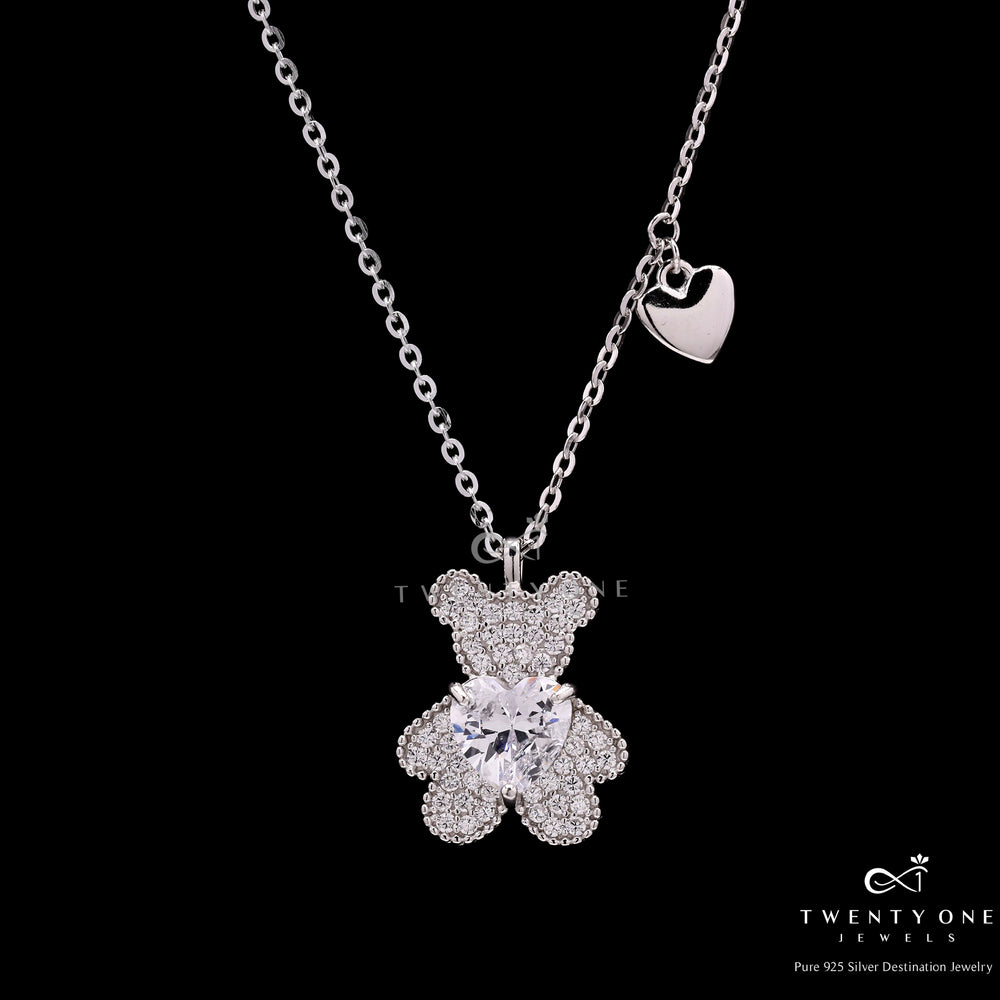 Valentines Exclusive Dufus the Teddy Bear with Heart Solitaire Pendant with Chain on Pure 925 Silver