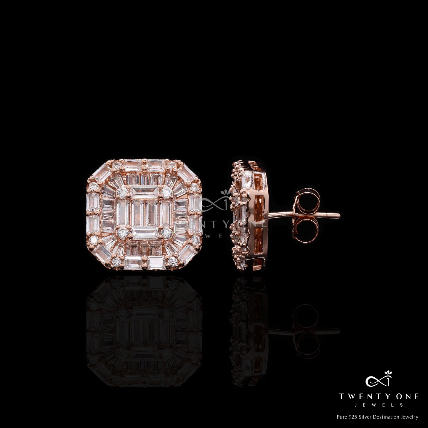 Ultra Premium Rose Gold Finish American Diamond Baguette Nysa Stud Earrings on Pure 925 Silver