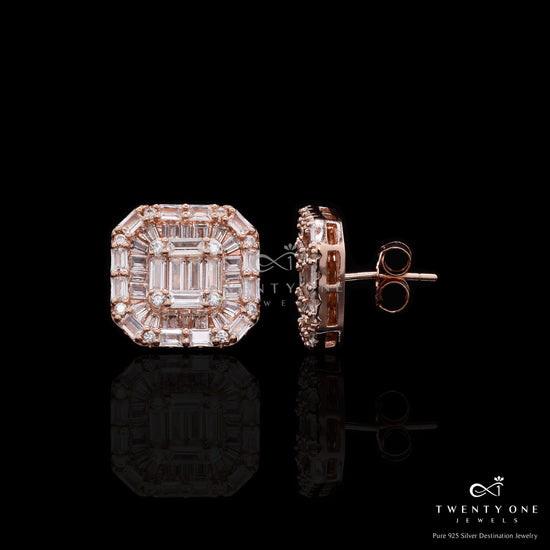 Ultra Premium Rose Gold Finish American Diamond Baguette Nysa Stud Earrings on Pure 925 Silver