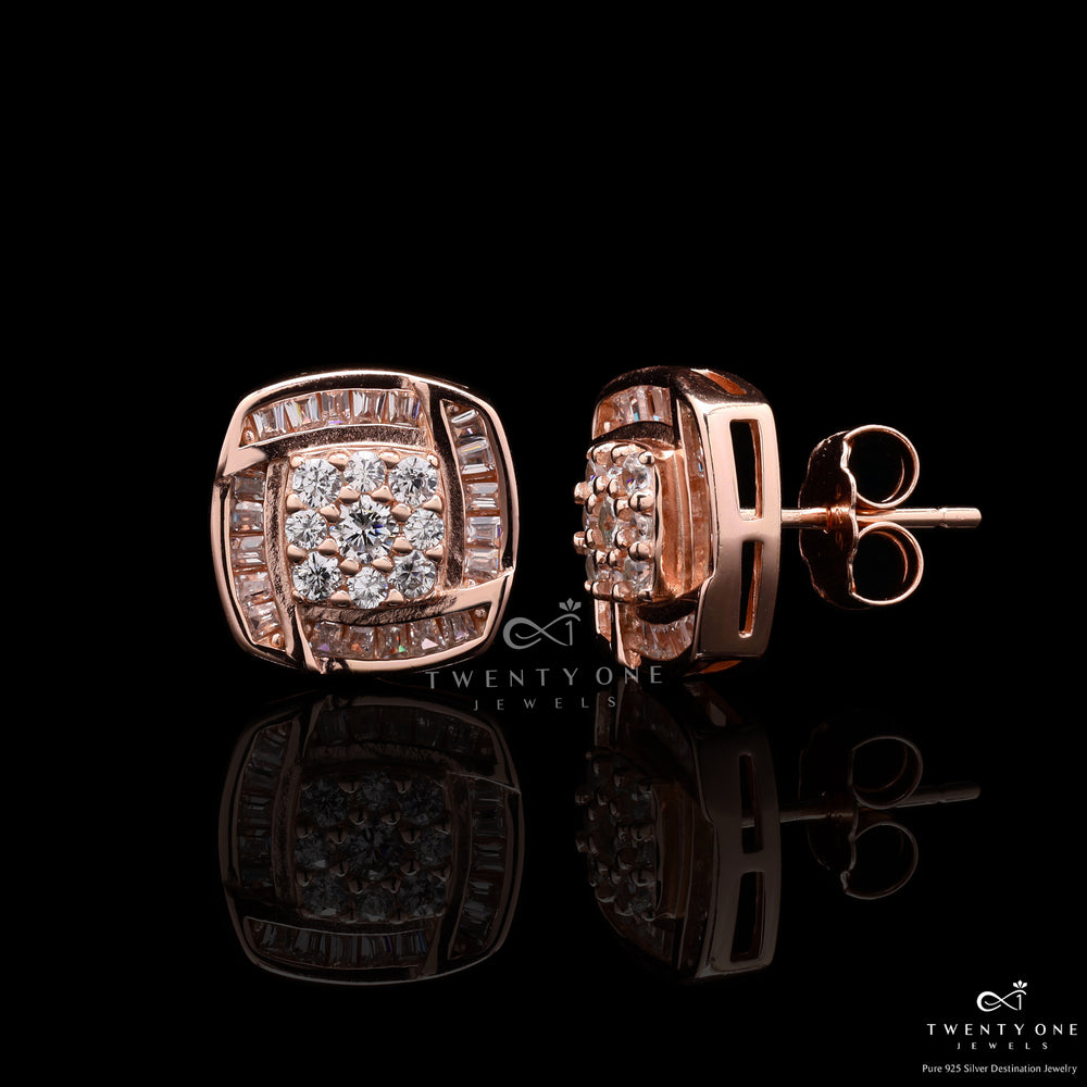 Rose Gold Eleah Studs With Diamond Baguette On 925 Silver