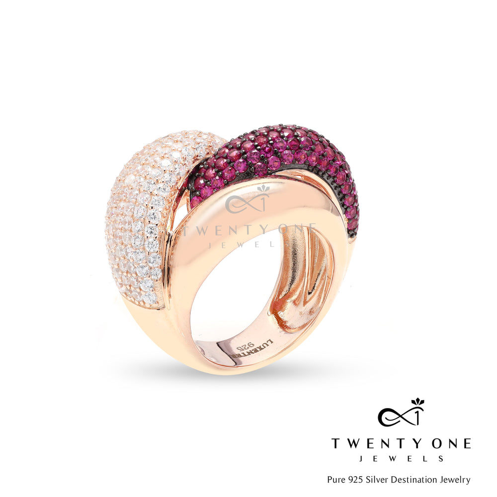 Premium Chunky Rose Gold Intertwined Ruby and Diamond Ring on Pure 925 Silver