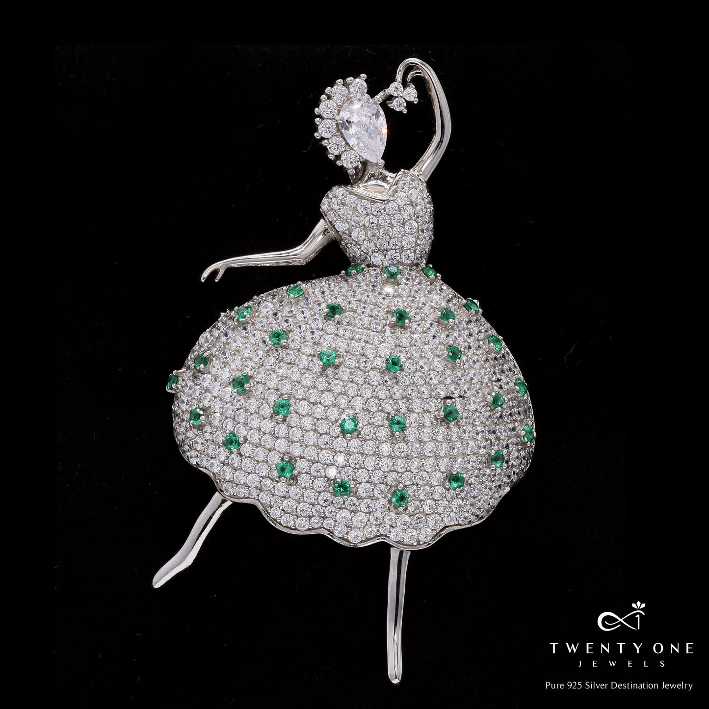 Ultra Premium American Diamond Micro Setting Dancing Doll Brooch in a Dress with Emerald Detailing on Pure 925 Silver