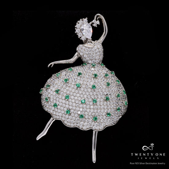 Ultra Premium American Diamond Micro Setting Dancing Doll Brooch in a Dress with Emerald Detailing on Pure 925 Silver