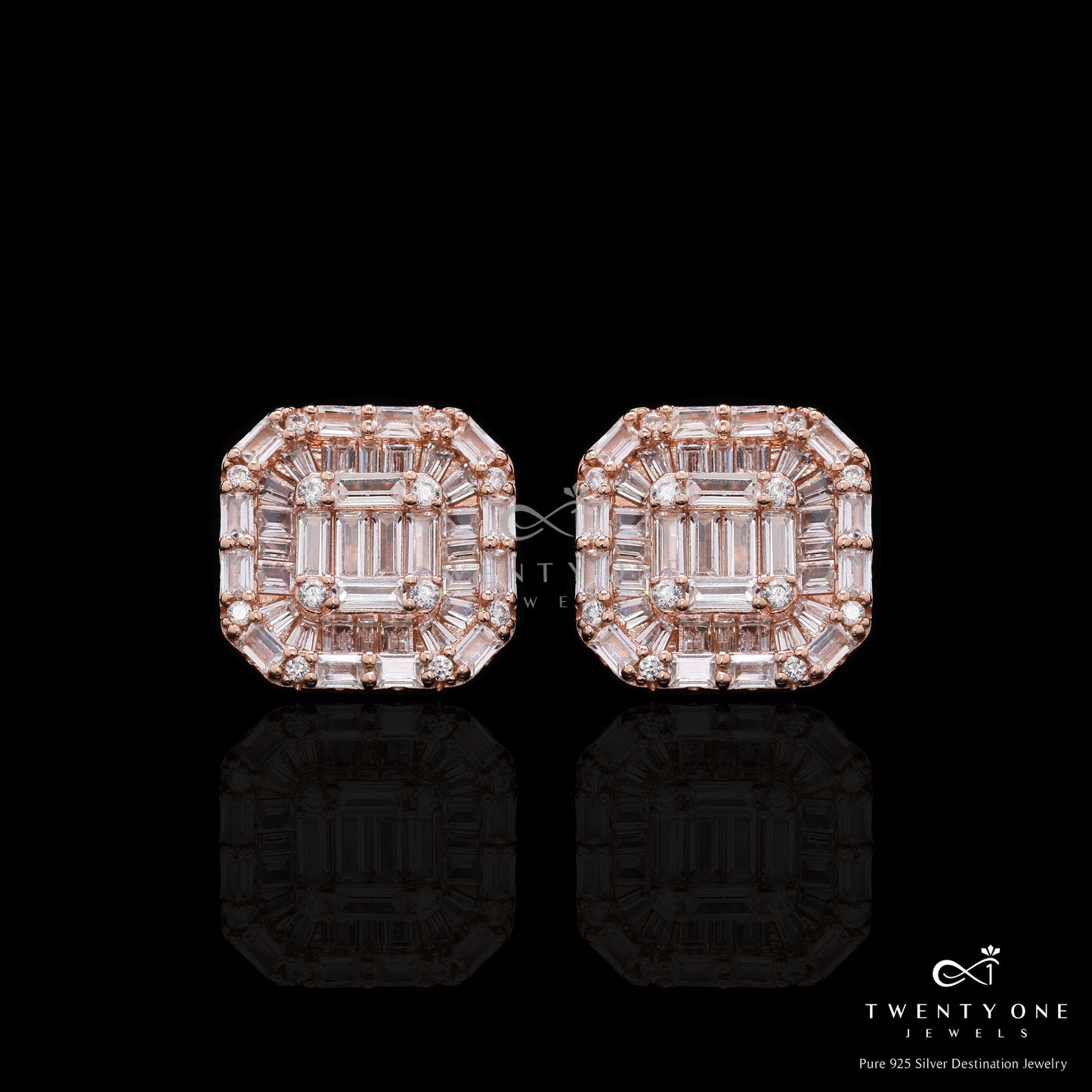 Ultra Premium Rose Gold Finish American Diamond Baguette Nysa Stud Earrings on Pure 925 Silver