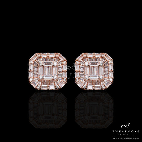 Ultra Premium Rose Gold Finish American Diamond Baguette Nysa Stud Earrings on Pure 925 Silver