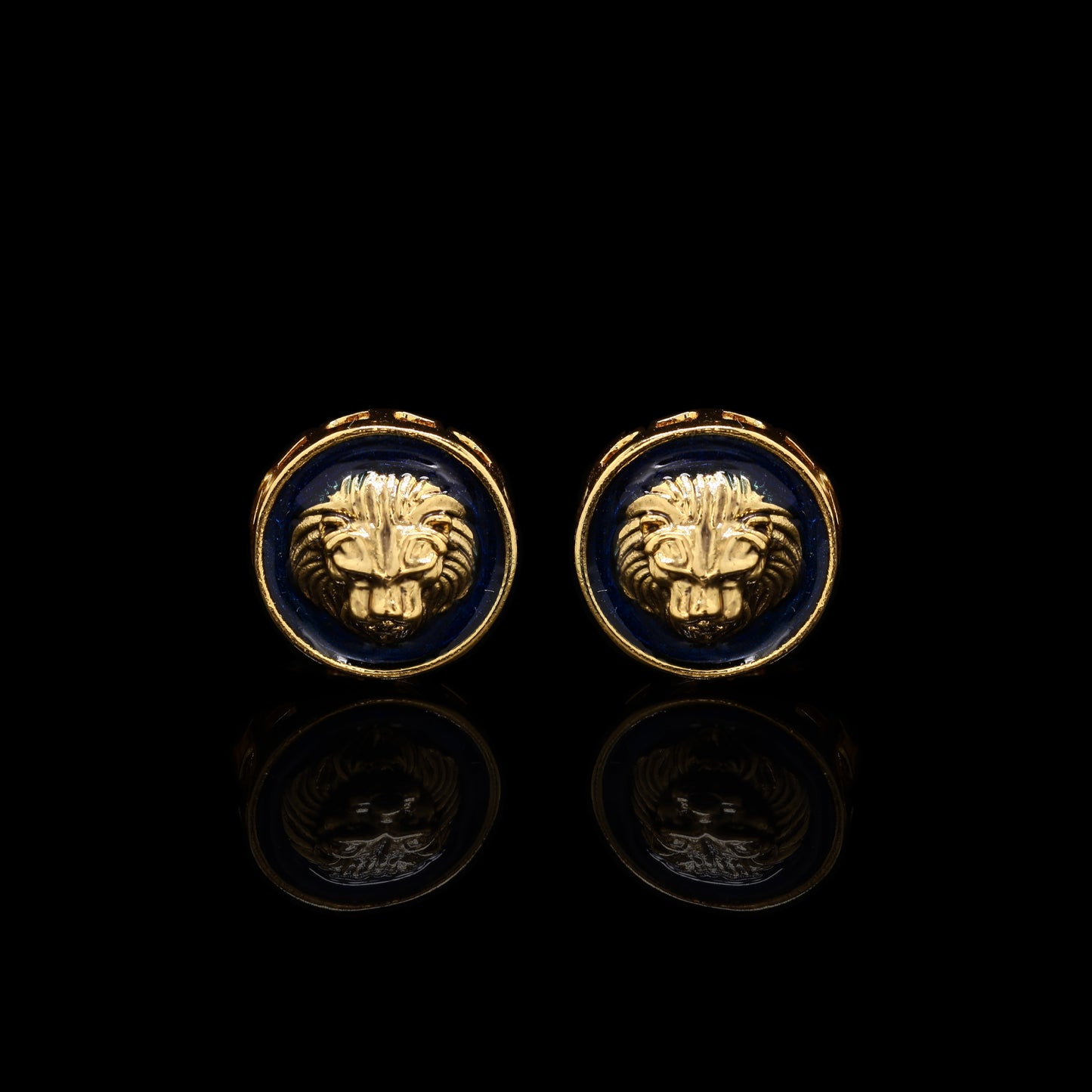 Navy Blue Enamel Gold Finish Lion Face Cuff Link Pair