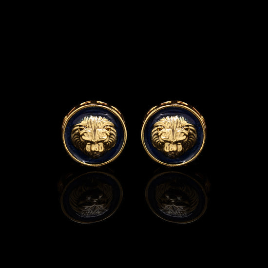Navy Blue Enamel Gold Finish Lion Face Cuff Link Pair