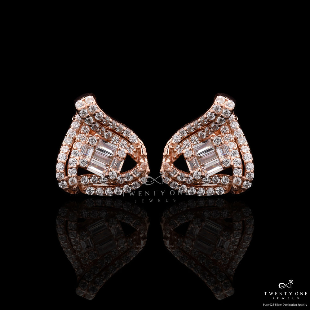 Rose Gold Lily Floral Studs with Diamond Baguettes on 925 Silver