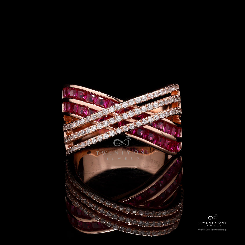 Rose Gold Diamond With Ruby Baguette Creata Cross Ring On 925 Silver