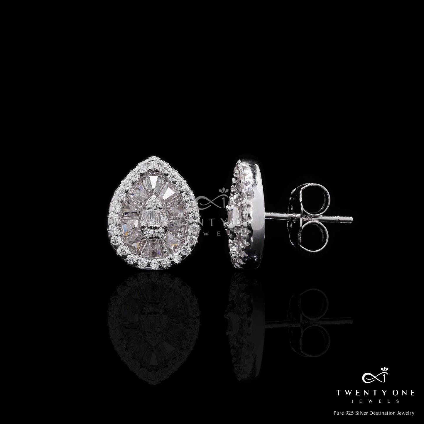 Premium Drop Shaped American Diamond Baguette Nora Stud Earrings on Pure 925