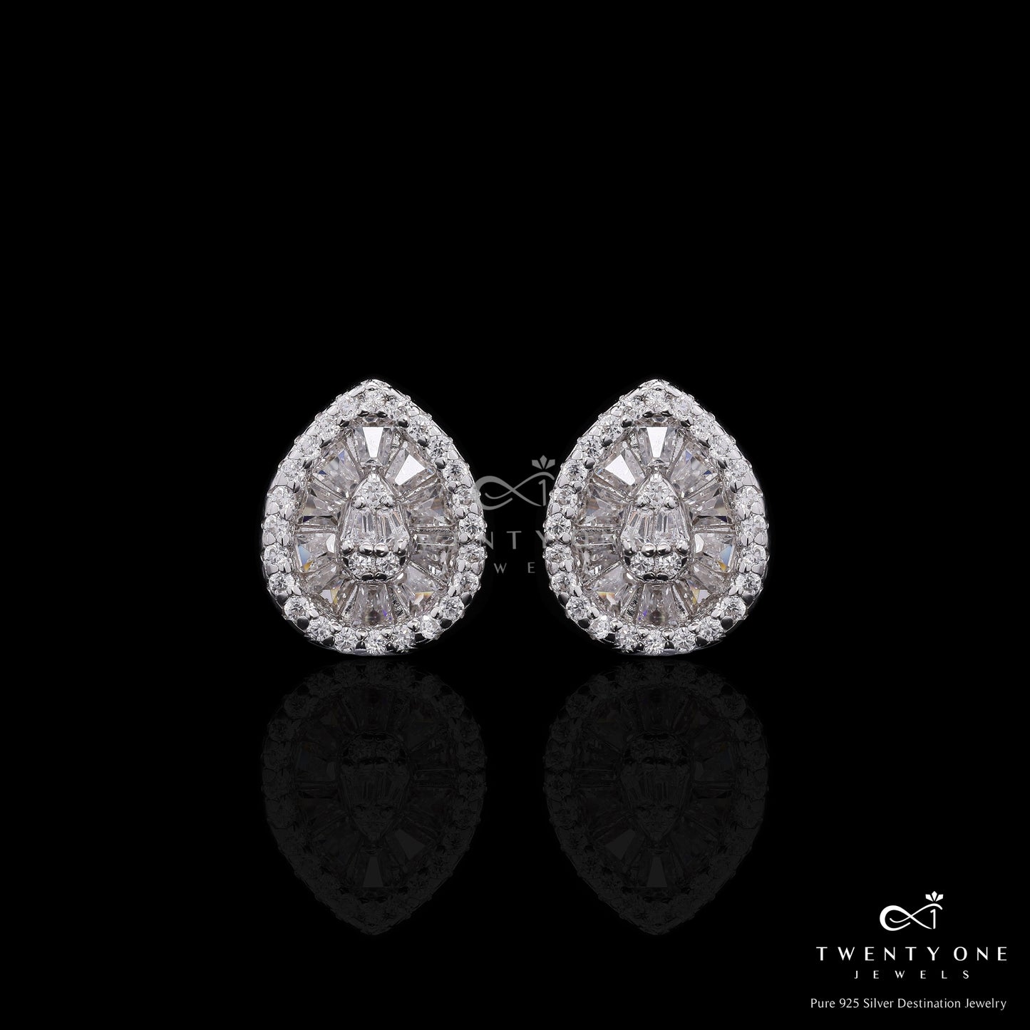 Premium Drop Shaped American Diamond Baguette Nora Stud Earrings on Pure 925