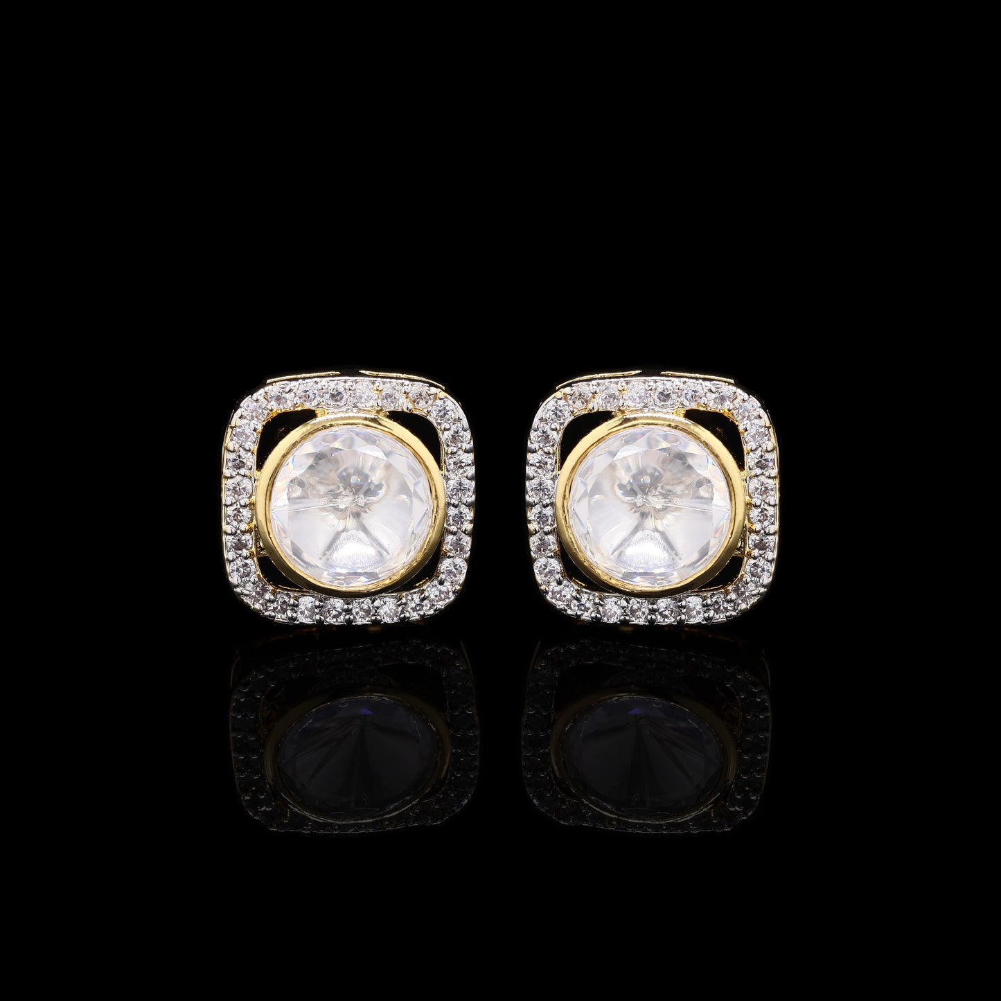 Square Gold Finish Polki Diamond Mens Cuff Link with Diamond Cluster