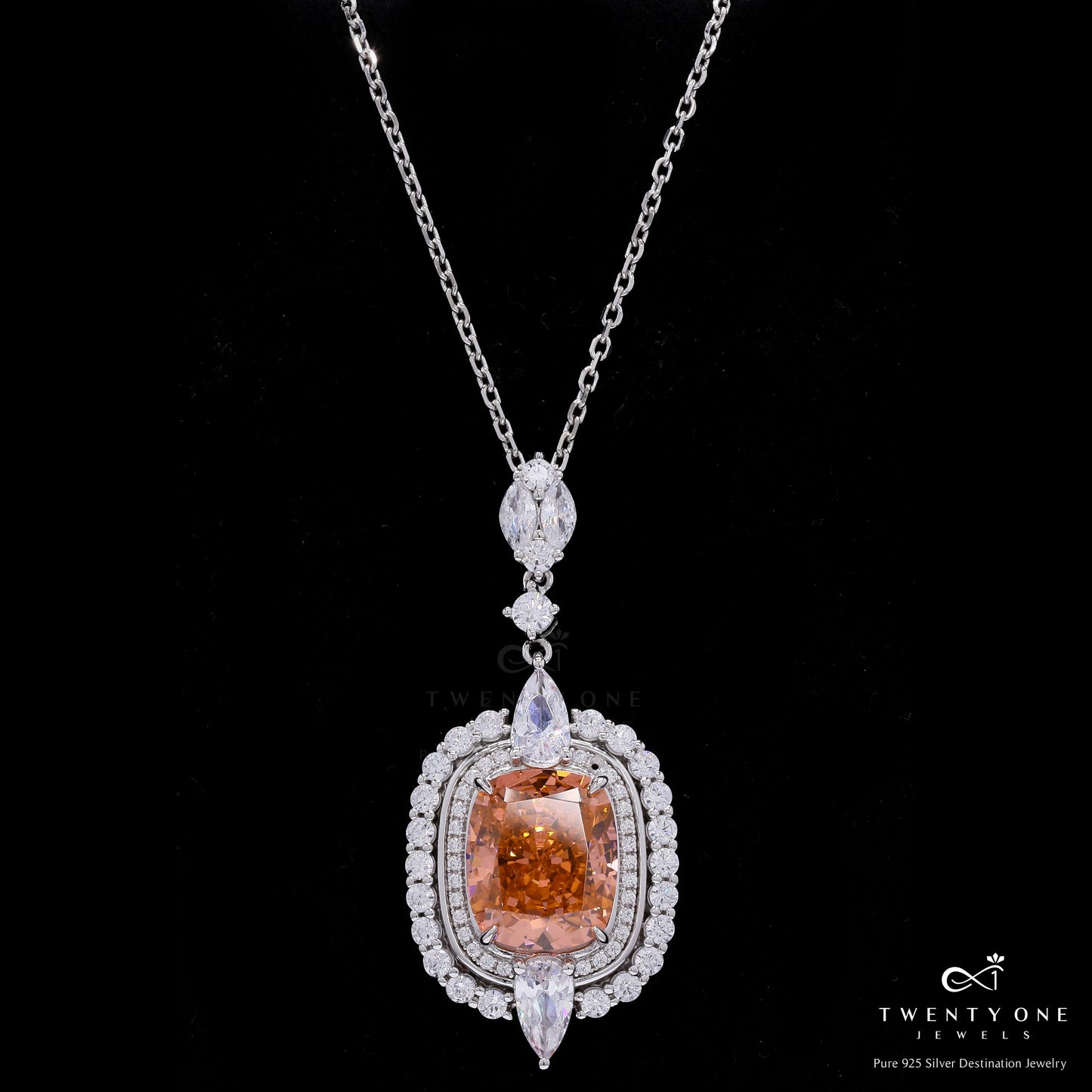 Ultra Premium Orange Citrine and American Diamond Studded Chunky Finesse Pendant with Chain on Pure 925 Silver