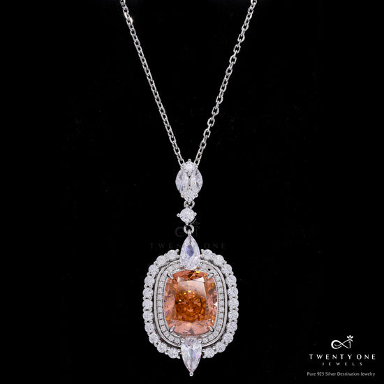 Ultra Premium Orange Citrine and American Diamond Studded Chunky Finesse Pendant with Chain on Pure 925 Silver