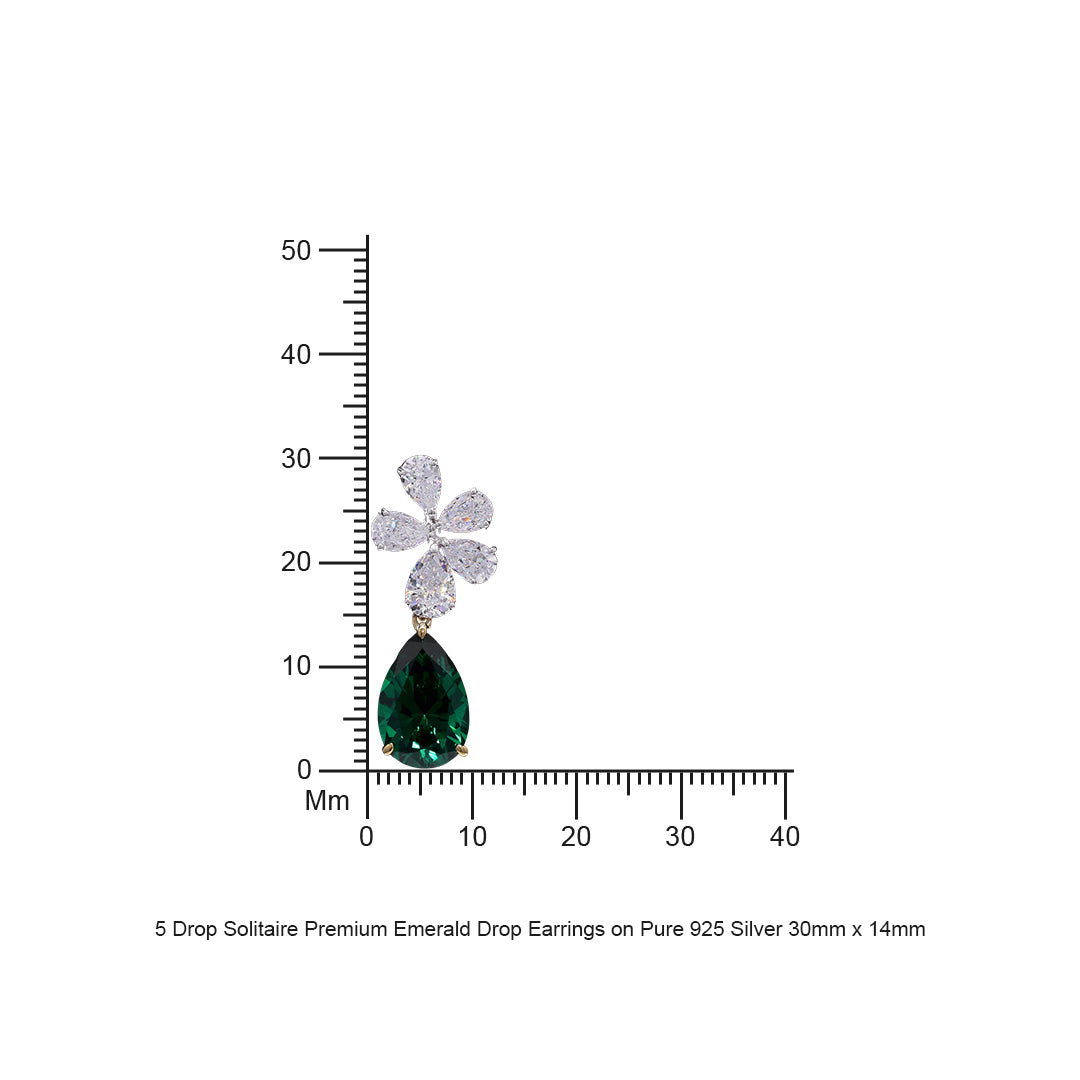 5 Drop Solitaire Premium Emerald Drop Earrings on Pure 925 Silver