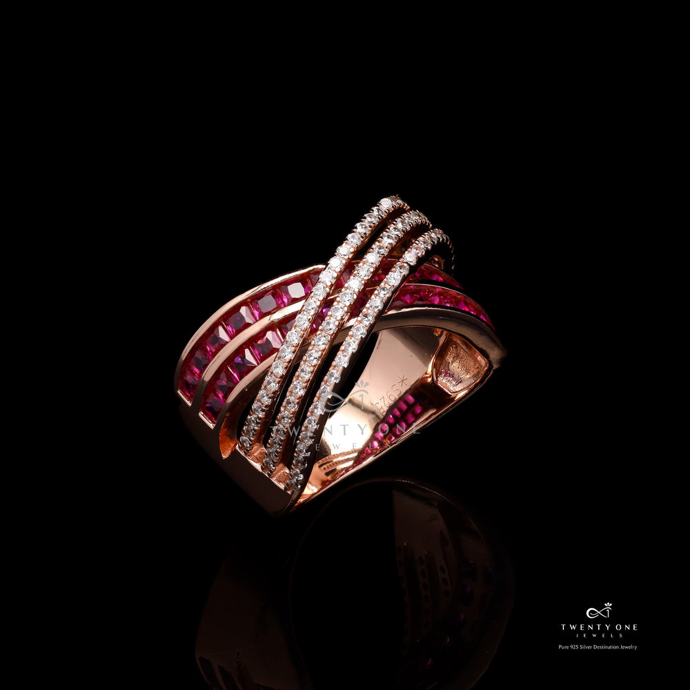 Rose Gold Diamond With Ruby Baguette Creata Cross Ring On 925 Silver