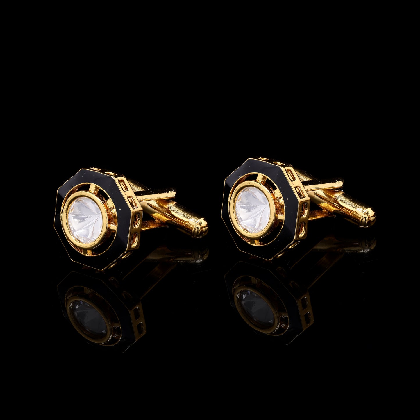 Black Enamel Gold Finish Mens Polki Cuff Link Pair