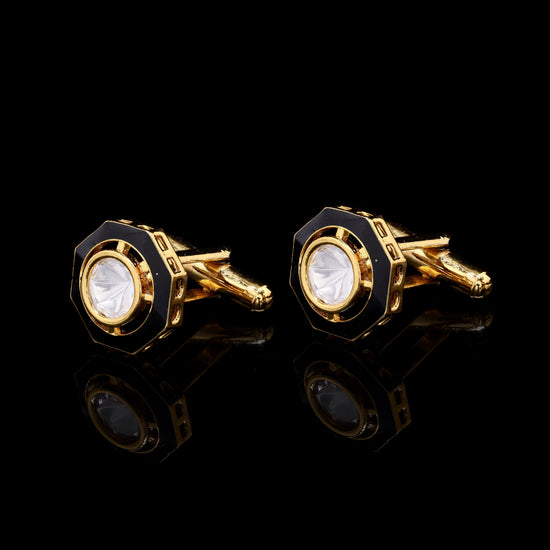 Black Enamel Gold Finish Mens Polki Cuff Link Pair