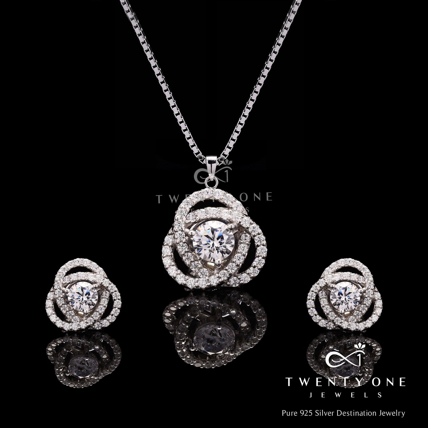 White Gold Finish Intertwined Cluster Fauzia Solitaire Pendant Set