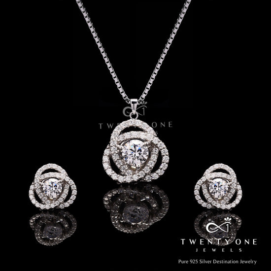 White Gold Finish Intertwined Cluster Fauzia Solitaire Pendant Set