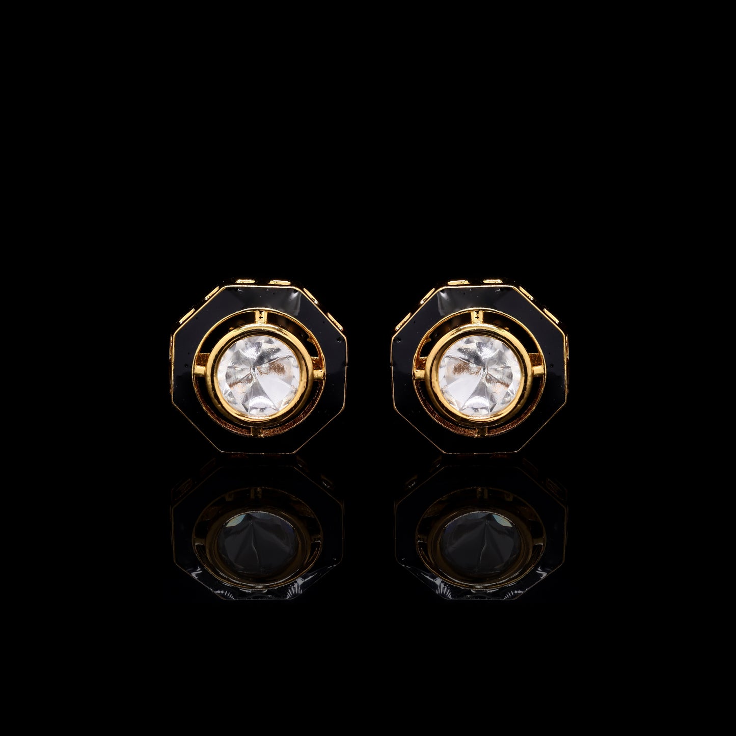 Black Enamel Gold Finish Mens Polki Cuff Link Pair