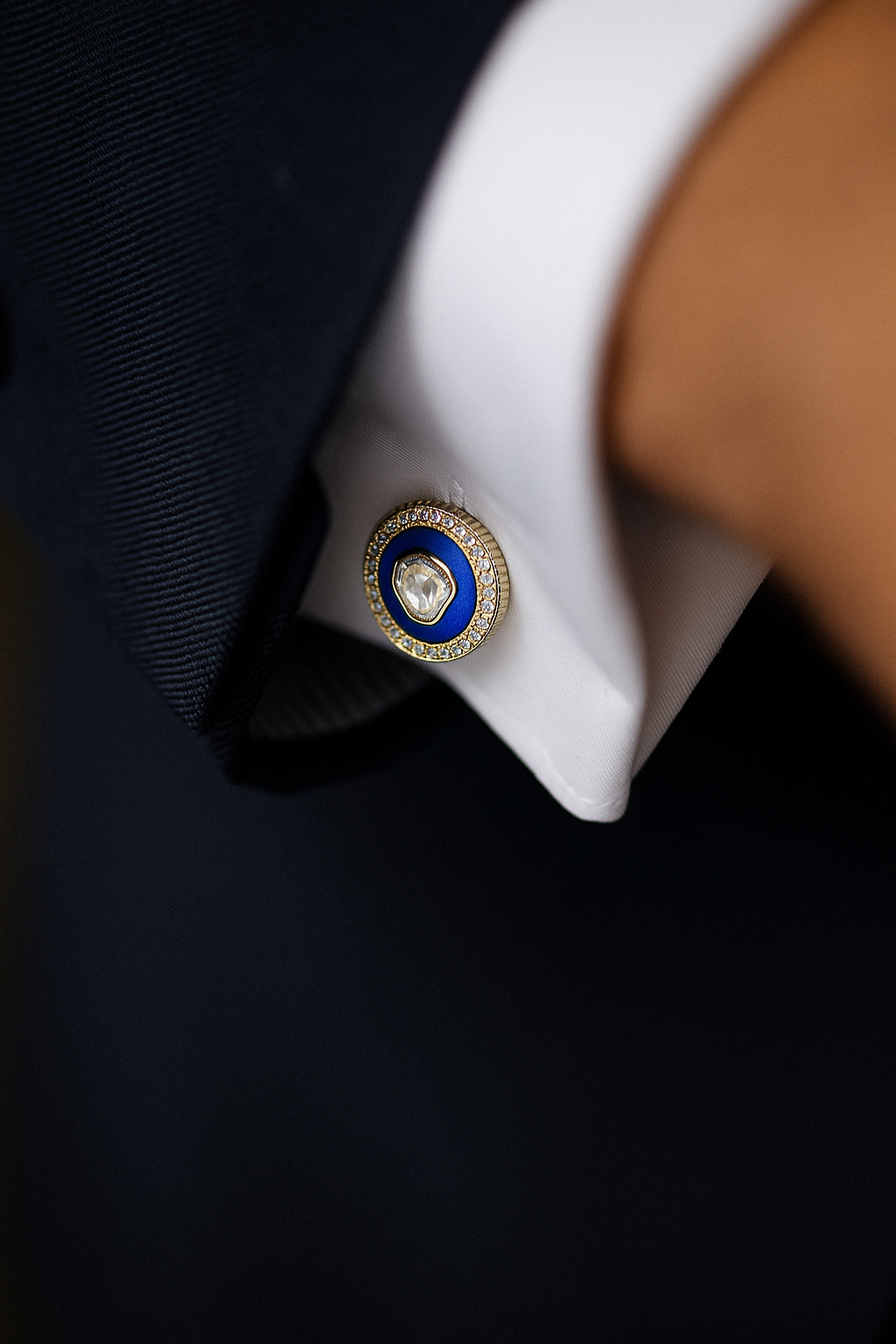 Peacock Blue Enamel Bezel Setting Polki Diamond Mens Gold Finish Cuff Link Pair