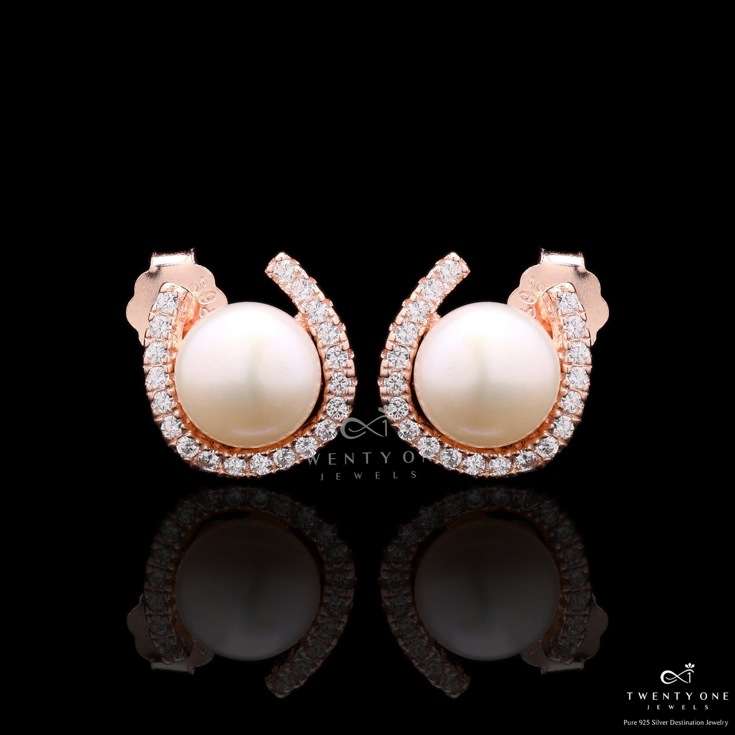 Fresh Water Pearl Elyna Studs On 925 Silver (Rose Gold Finish)