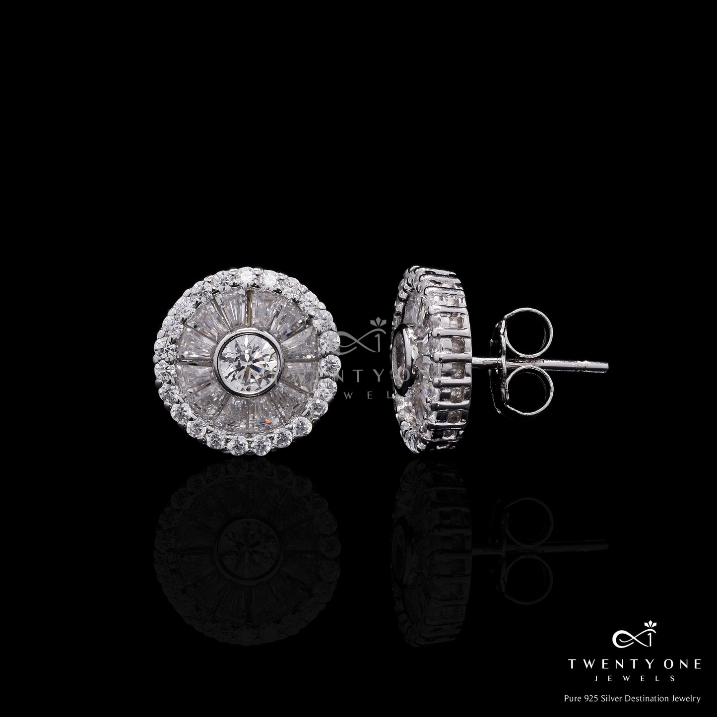 Premium Taper Baguette Setting Castor Studs with Bezel Setting Centre Solitaire on Pure 925 Silver.