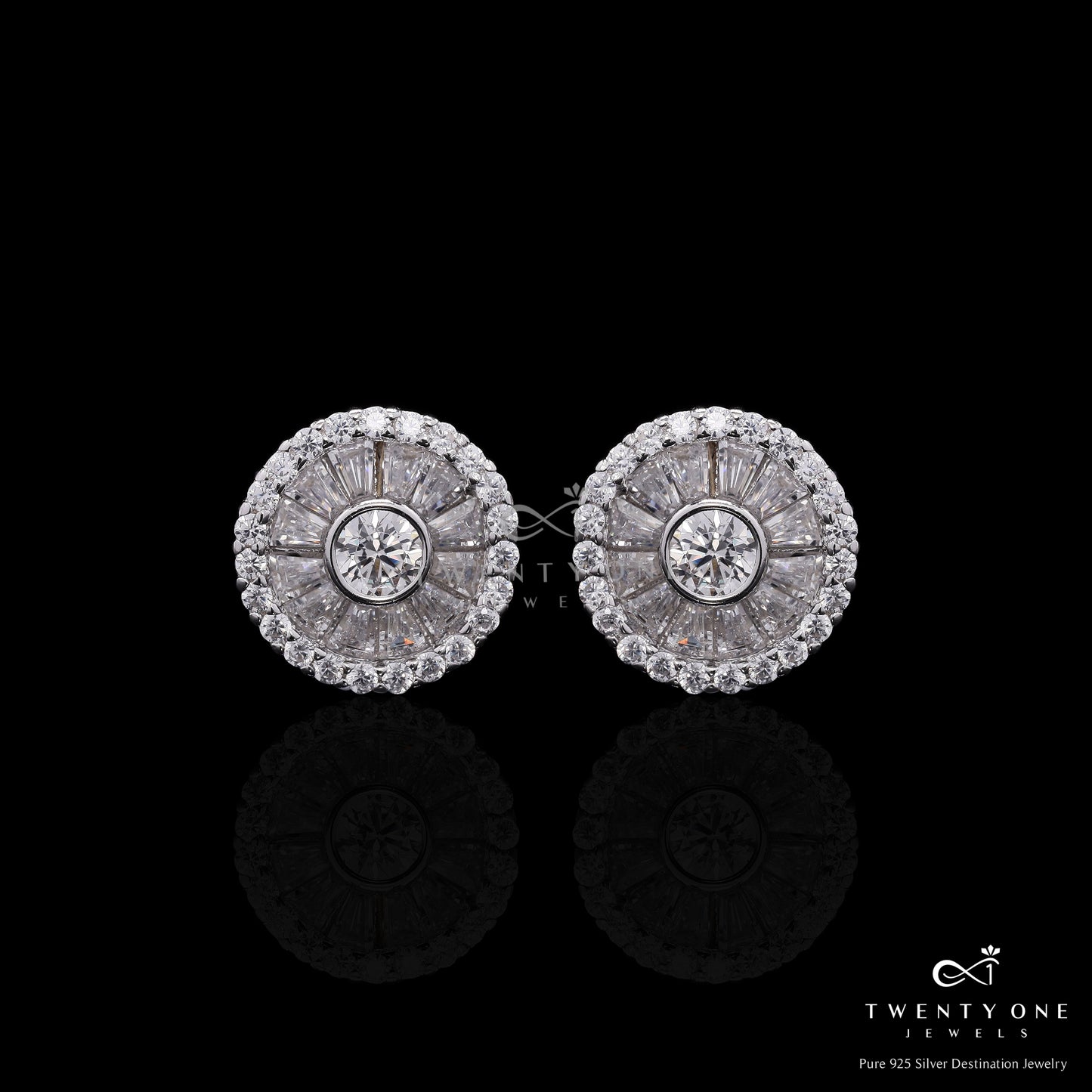 Premium Taper Baguette Setting Castor Studs with Bezel Setting Centre Solitaire on Pure 925 Silver.