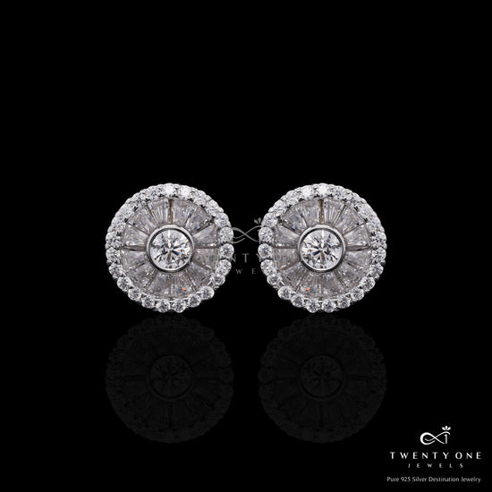 Premium Taper Baguette Setting Castor Studs with Bezel Setting Centre Solitaire on Pure 925 Silver.